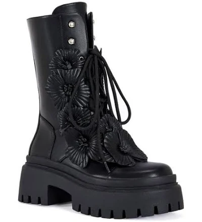 Azalea Wang Women's Devoir 3D Flower Platform Lug Sole Combat Boots