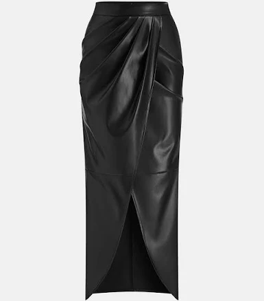 Pleated Fitted PU Midi Skirt with Slit