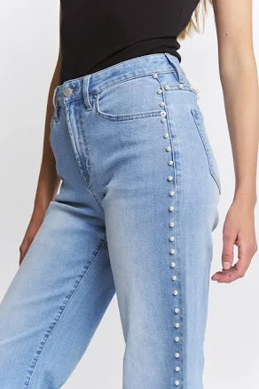 Mica Denim High Rise Wide Leg Jeans with Pearl Embellishment