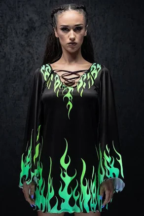 Women's Neon Fire Dance Bell Sleeve Dress