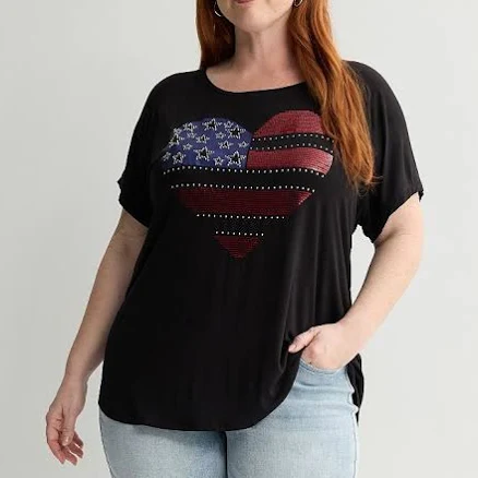 Plus Size Apt. 9 Americana Short Sleeve Embellished Top, Women's, Size: 3XL, Black Flag Heart