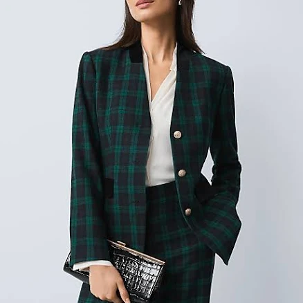 Ann Taylor Women's Petite Long Collarless Plaid Blazer