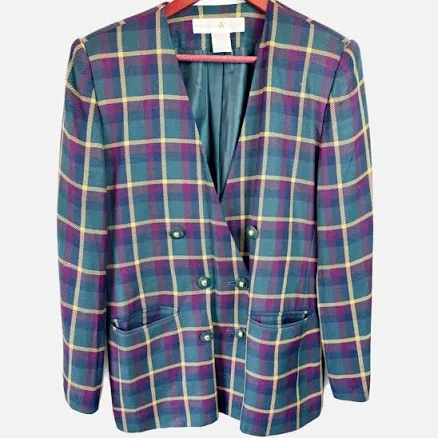 Women's Collarless Front Pocket Plaid Blazer