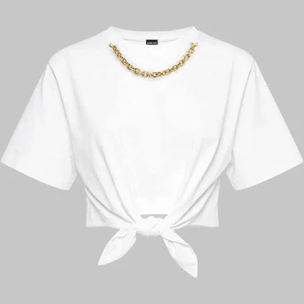Metallic Chain Round Neck Tie-Up Short Sleeve T-Shirt