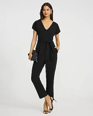 Women's V-Neck Tie Waist Straight Leg Jumpsuit