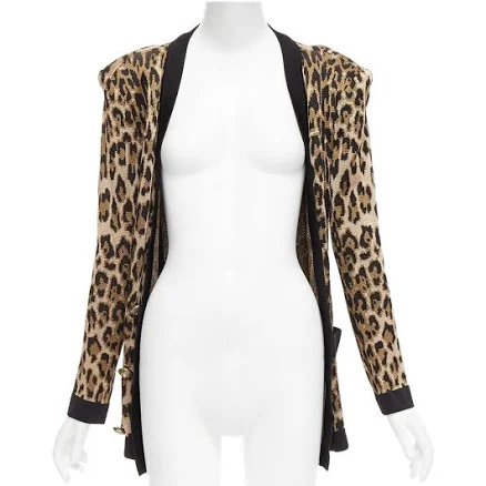 Balmain Brown Leopard Jacquard Power Shoulder Gold Buttons Cardigan Fr38 M