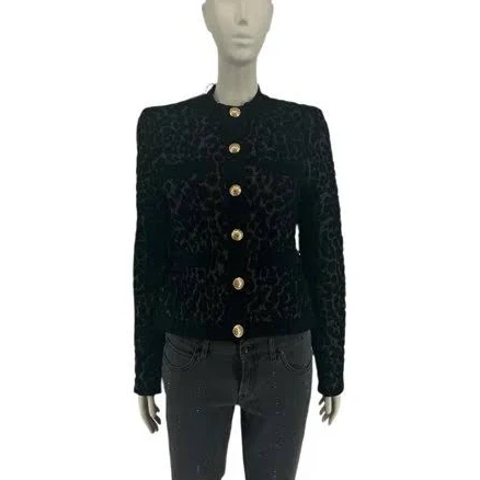 Balmain Black Viscose Leopard Print Cropped Jacket Size 44 FR