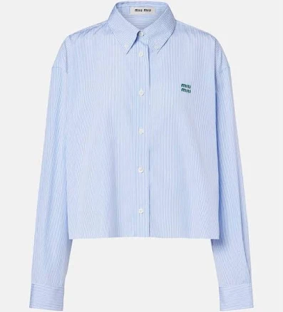 Miu Miu, Pinstripe cropped cotton poplin shirt, Women, Blue, US 6, Tops