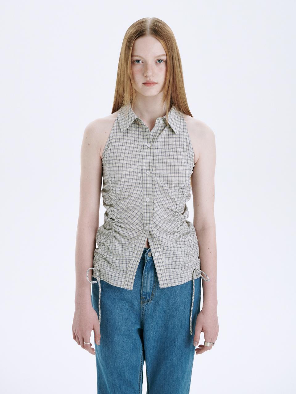 Halterneck Shirring Shirt_Light Beige
