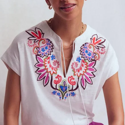 Boden Women's Nina Embroidered Notch T-shirt