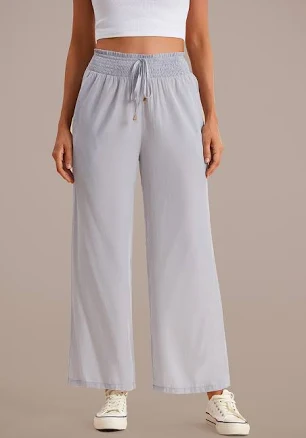 Smocked Waist Drawstring Wide Leg Sweatpants