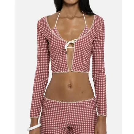 JADED LONDON Gingham Tie Front Picot Trim Crop Cardigan in Red at Nordstrom, Size 12