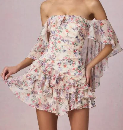 Oh Polly Off-Shoulder Ruffled Floral Mini Dress