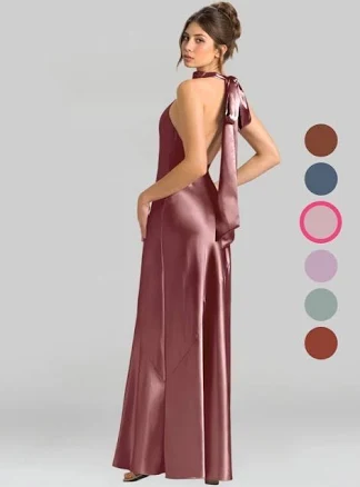 Azazie Sheath Halter Neck Floor-Length Metallic Satin Bridesmaid Dresses