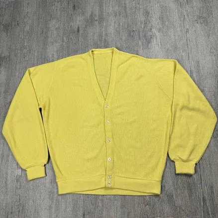 Vtg 70s Pale Butter Yellow Knit Cardigan Wool Blend Prep Grandpa