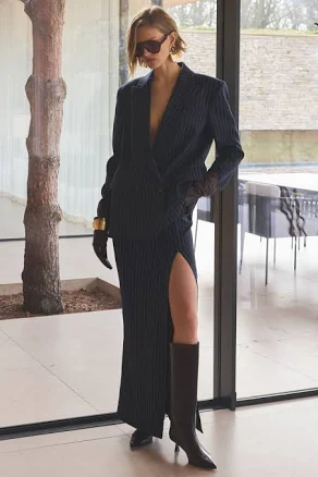 Elana Pinstripe Maxi Skirt with Front-High Split