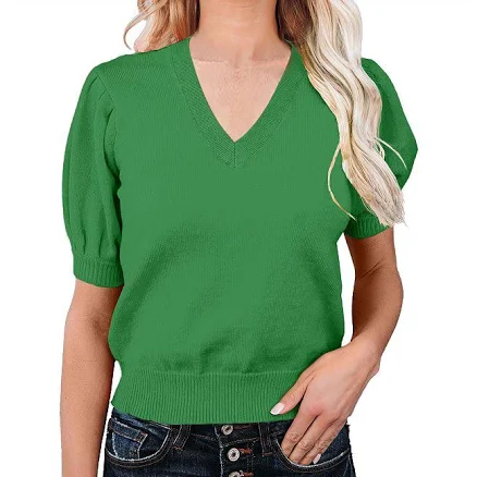 Women's Lightweight V Neck Short Sleeve Knit Pullover Layered Sweaters Top, Size: XL, Green