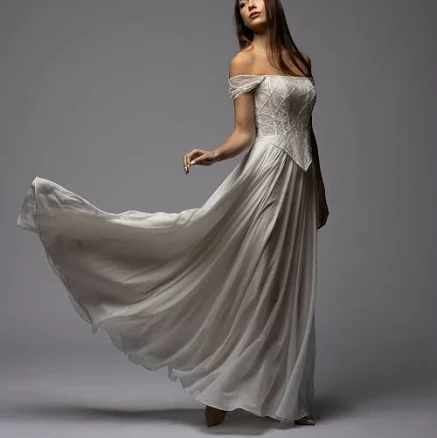 Beaded Off Shoulder Corset Chiffon Skirt A-line Wedding Dress - Dioma Fashion Large