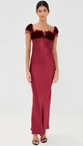 Velvet and Silk Satin Gown with Gathered Bust and Lace Detail