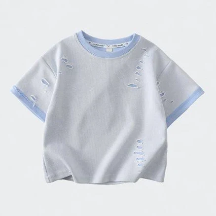 Boys' Ripped Distressed Crew Neck Short Sleeve T-Shirt