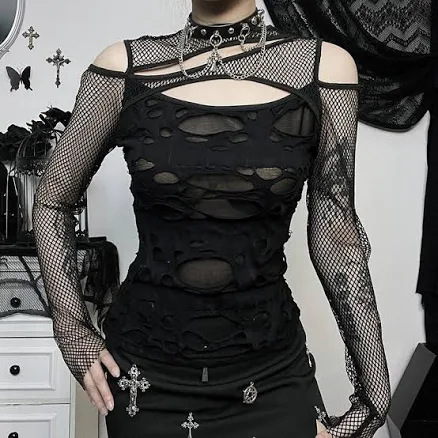 Gothic Ripped Fishnet T-shirt