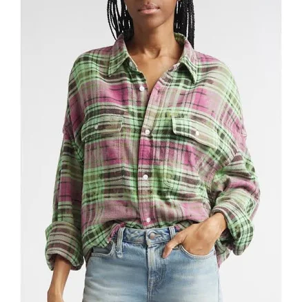 R13 Oversize Fray Hem Plaid Work Shirt