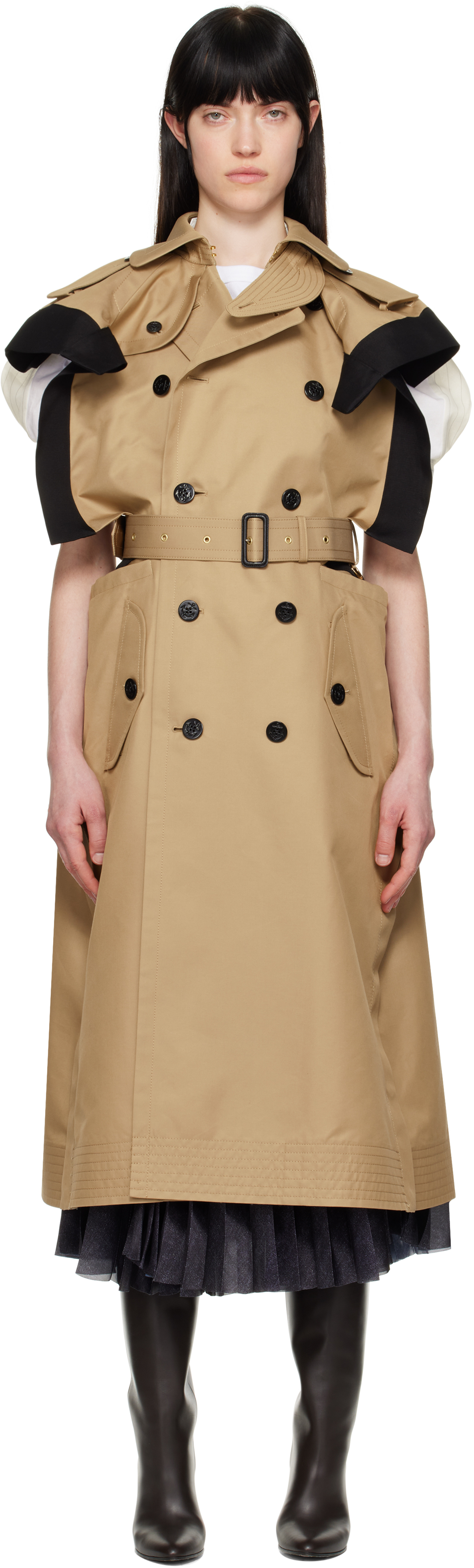 Beige & Black Double-Faced Silk Cotton & Gabardine Trench Coat