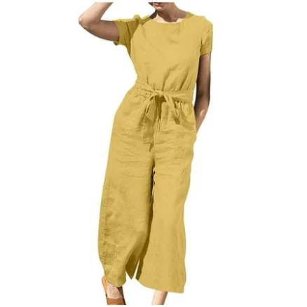 Women's Sleeveless/ Short Sleeve Linen Palazzo Jumpsuit with Pockets