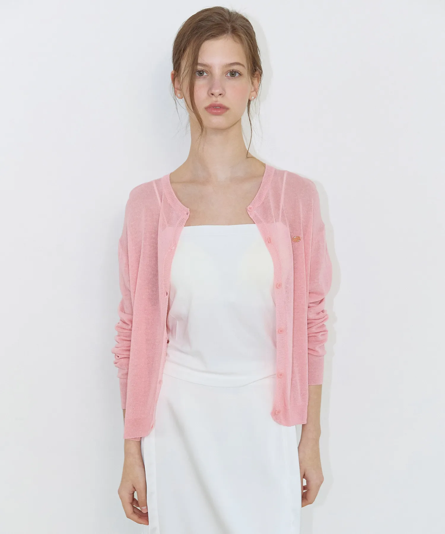 See-through Round Neck Cardigan - Pink