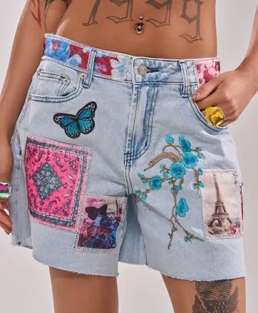 AKIRA Get The Picture Patchwork Denim Shorts