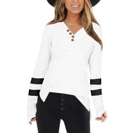 Sporty Soft Button and Striped Women's Tee, White / L