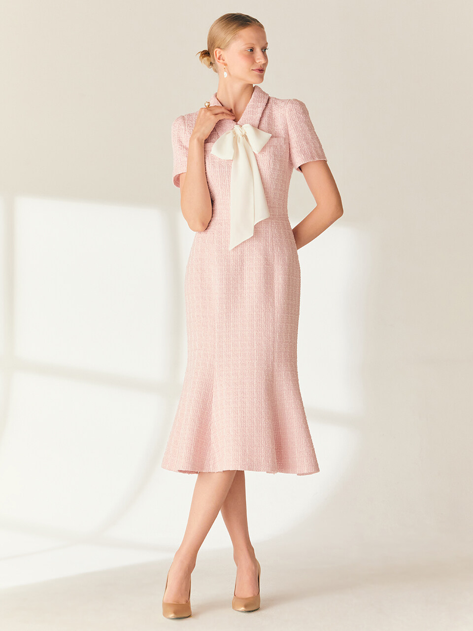 EMMA Collar Detailed Mermaid Tweed Dress _Pink