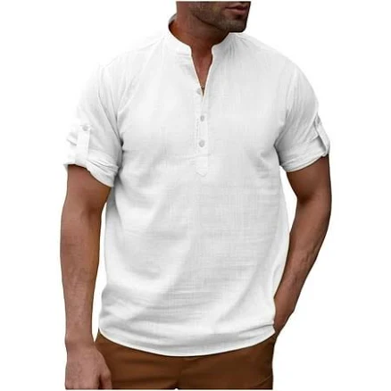 Men's Casual Linen Blend Henley Roll-Up Shirt