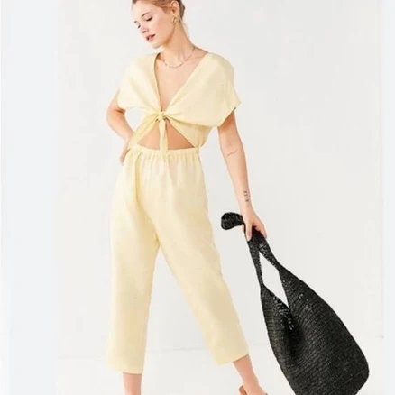 Urban Outfitters Jumpsuit Womens Medium Yellow Linen Tie Front Cut