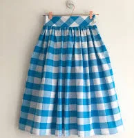 Turquoise blue and white check, gingham skirt, 100% cotton, full gathered midi skirt, classic casual style skirt.