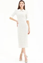 Silk Satin Collar Tweed Slimline Dress 0(XS)