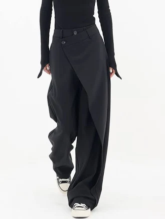 Asymmetrical Layer Button Baggy Wide Leg Tailored Wrap Pants