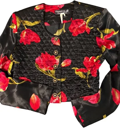 Vintage Hampton Dress Co. Quilted Black Jacket Red Floral Cropped