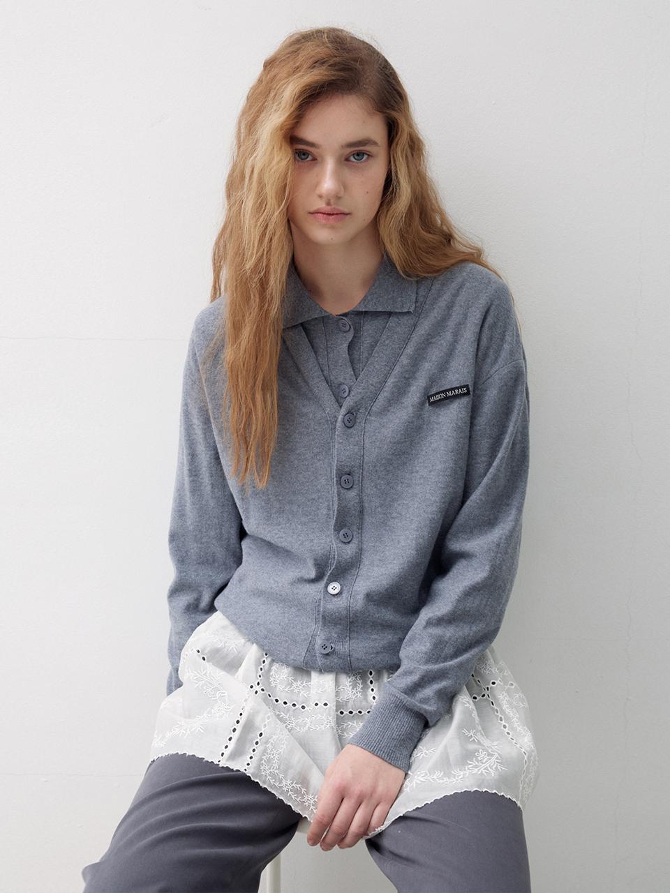 2-Way Layered Cotton Merino Wool Cardigan [Melan Grey]