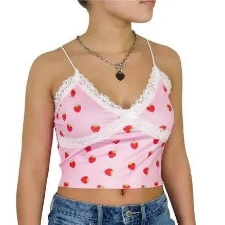 Y2k Cider Pink Strawberry Lace Cami Tank Top Medium1