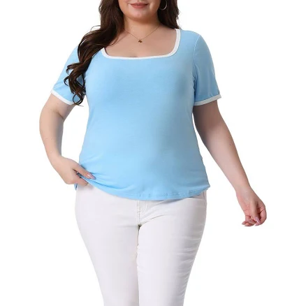 Plus Size Top for Women Square Neck Short Sleeve T Shirt Ribbed Color Block Slim Fit Knit Basic Tops, Women's, Size: 2XL, Blue