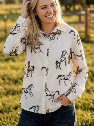 Western Cowgirl Wild Horse Print Button-Up Shirt