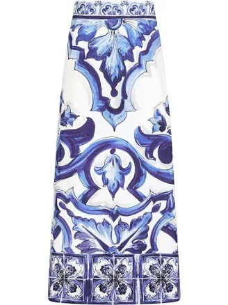 Dolce&Gabbana Majolica-print Charmeuse Calf-length Skirt With Slit Woman