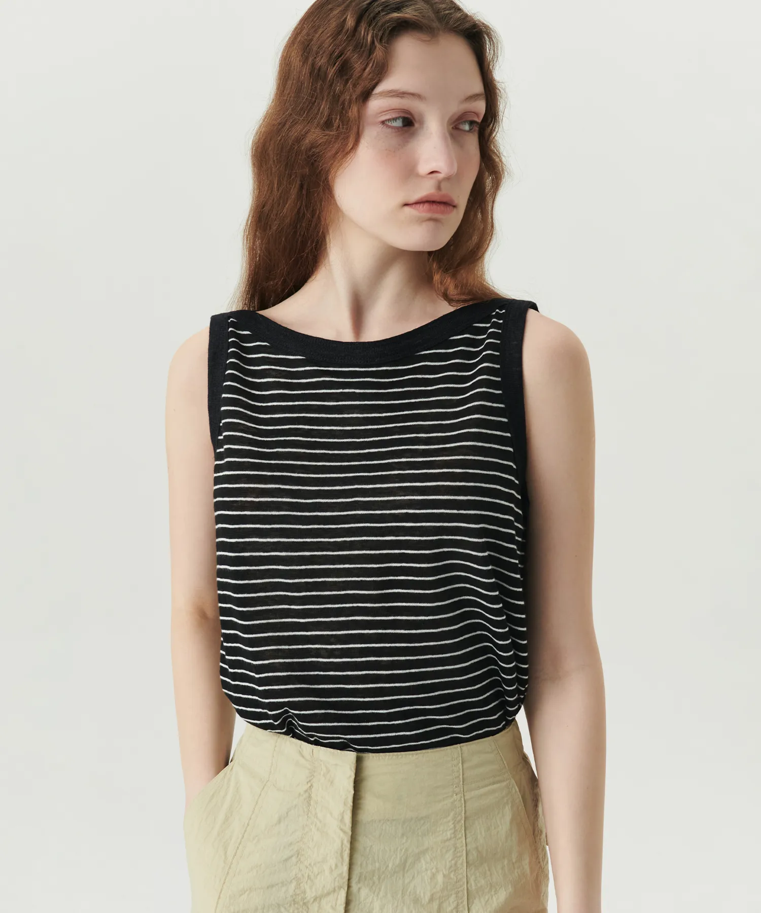 Linen Stripe Sleeveless Top - Black