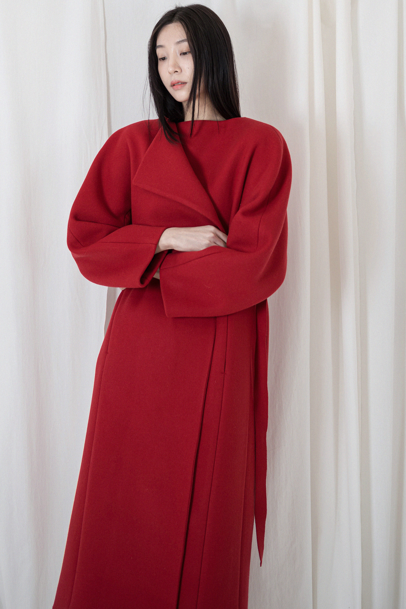 131-4. Collarless Maxi-Marine Coat - 100% Cashmere (Red)