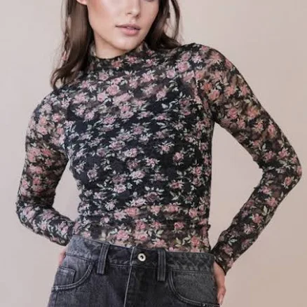 High Neck Fitted Sheer Mesh Lace Knit Top