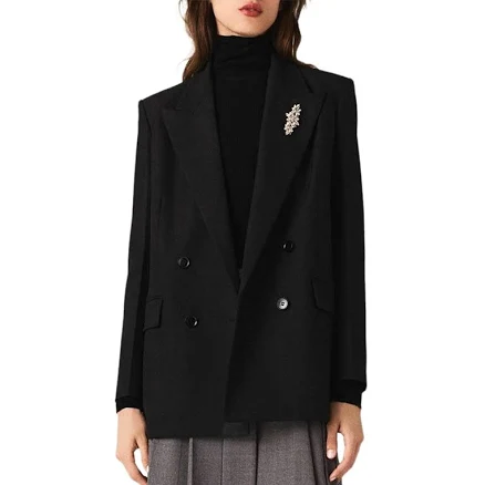 Maje Women's Double-Breasted Stretch Wool-Blend Blazer with Removable Brooch