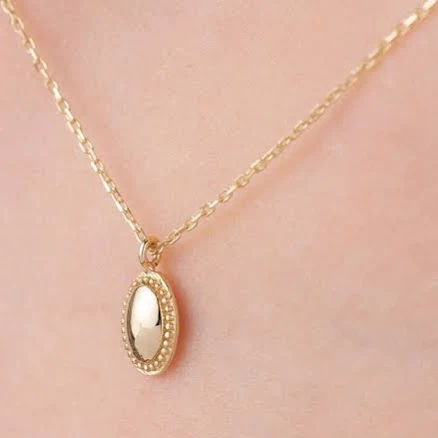 14k Solid Gold Tiny Frame Oval Coin Pendant Necklace