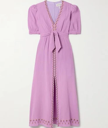 Saloni Jamie Tie-Detailed Embroidered Cotton-seersucker Midi Dress