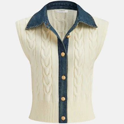 Denim Paneled Cable Knit Sleeveless Vest